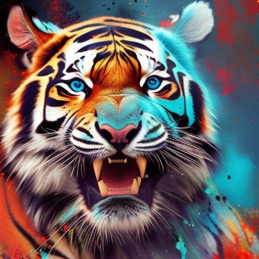 Cyan Tiger and Black Forest Double Exposure