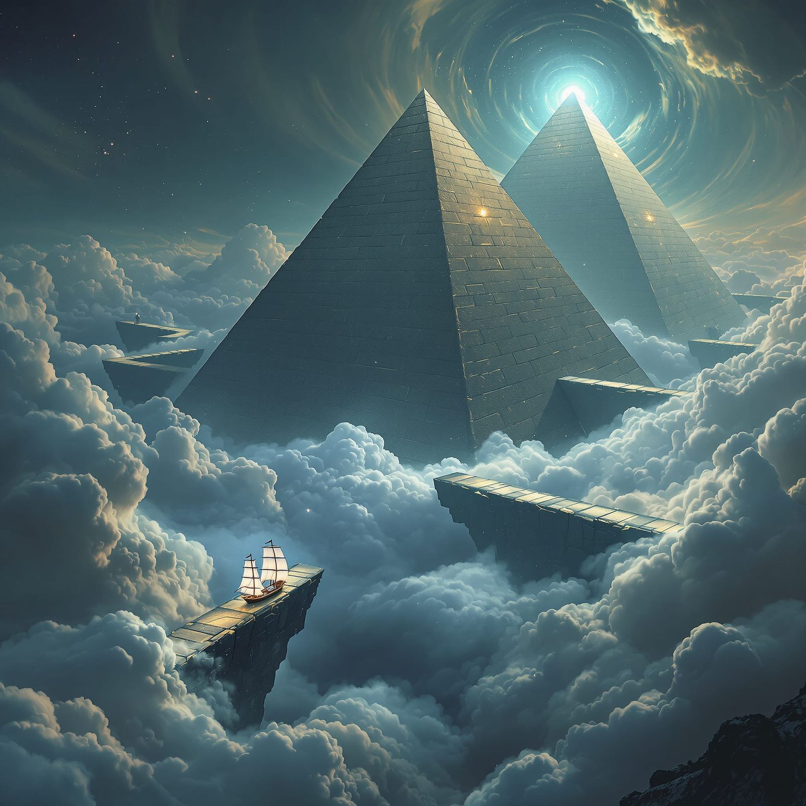 Ancient Pyramids Levitate Above Clouds in Dark Fantasy