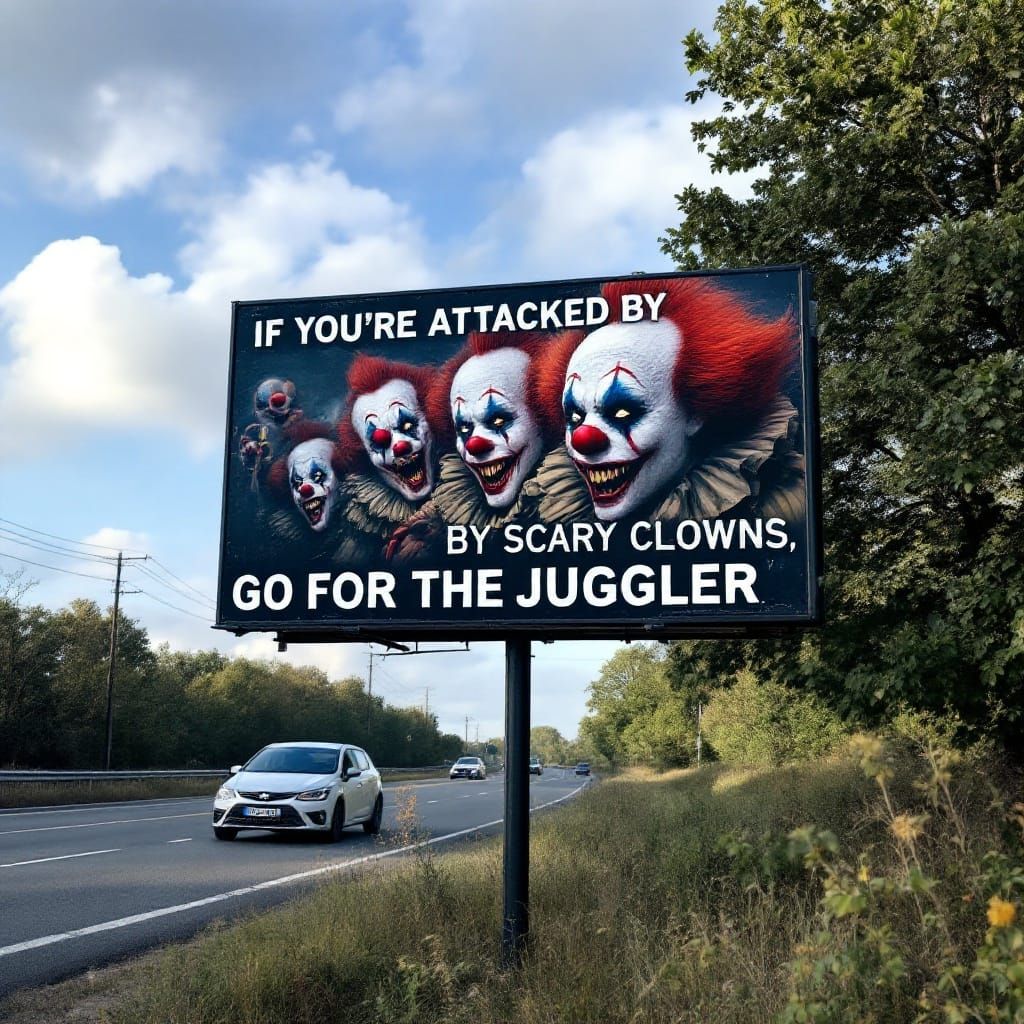 A bill-board on the side of the road  with a picture of  sca...