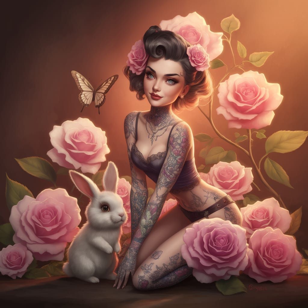 Enchanting Fantasy Art of Tattooed Pinup Girl with Ethereal ...