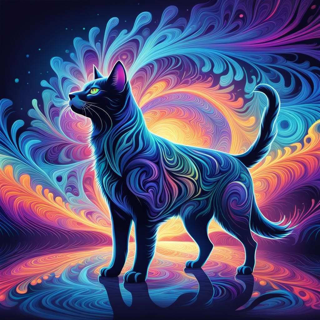 Surreal Cat-Dog Hybrid on Fractal Ground