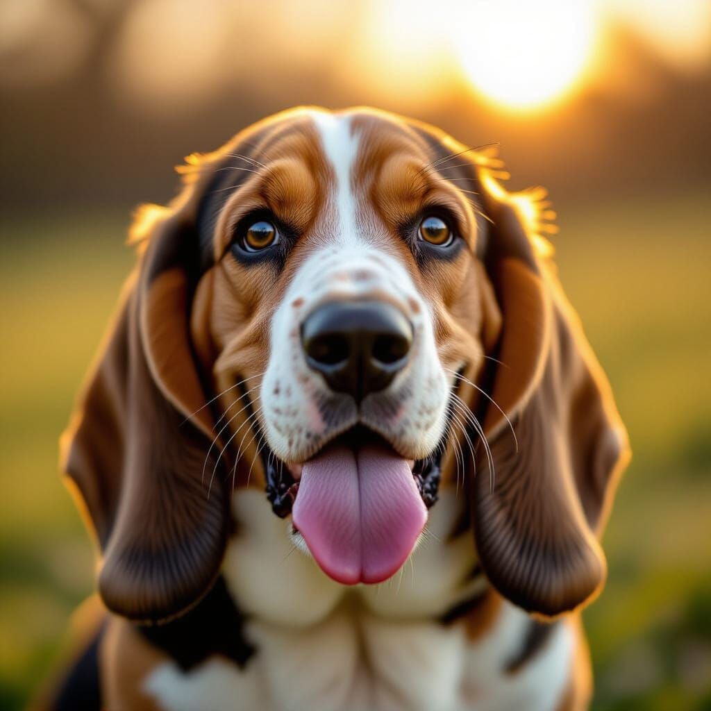 Basset Hound Sticks Tongue Out in Golden Sunlight