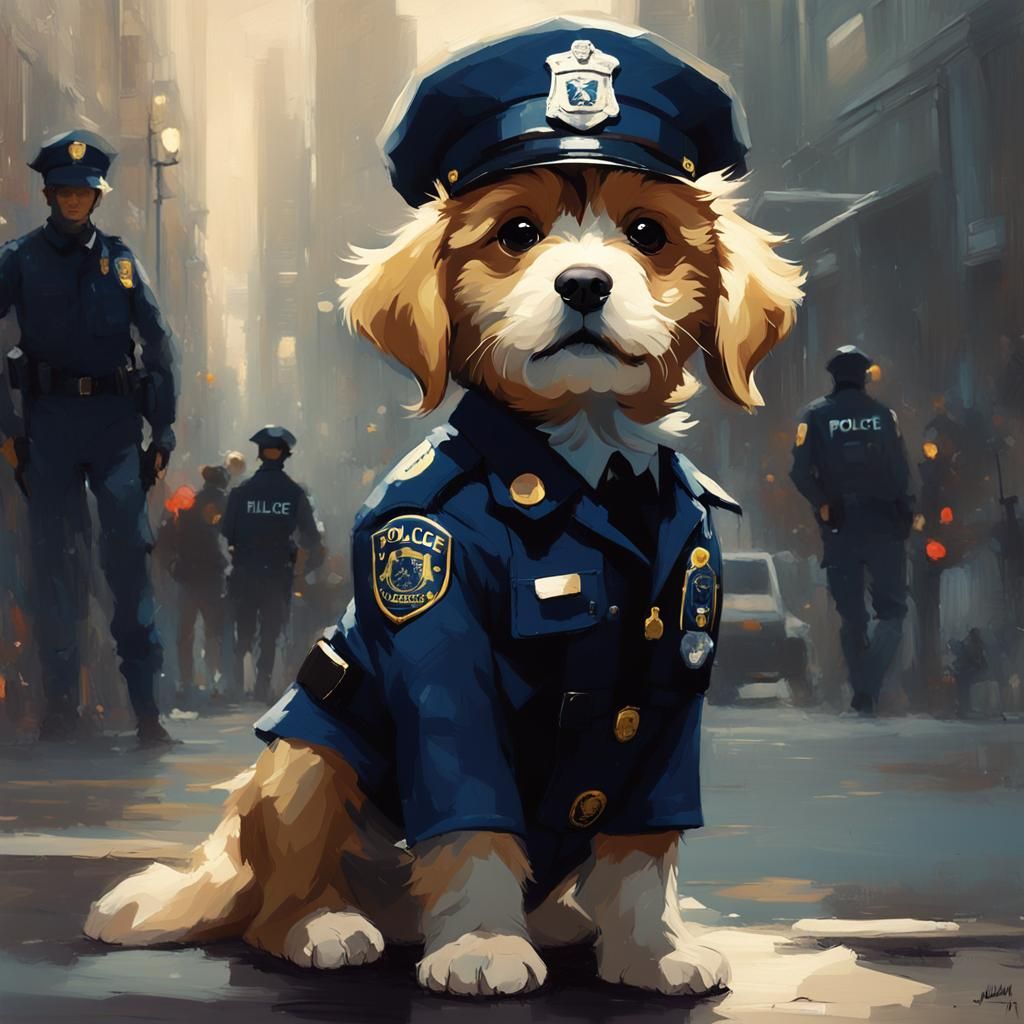 Adorable Puppy in Police Uniform as Oil Painting