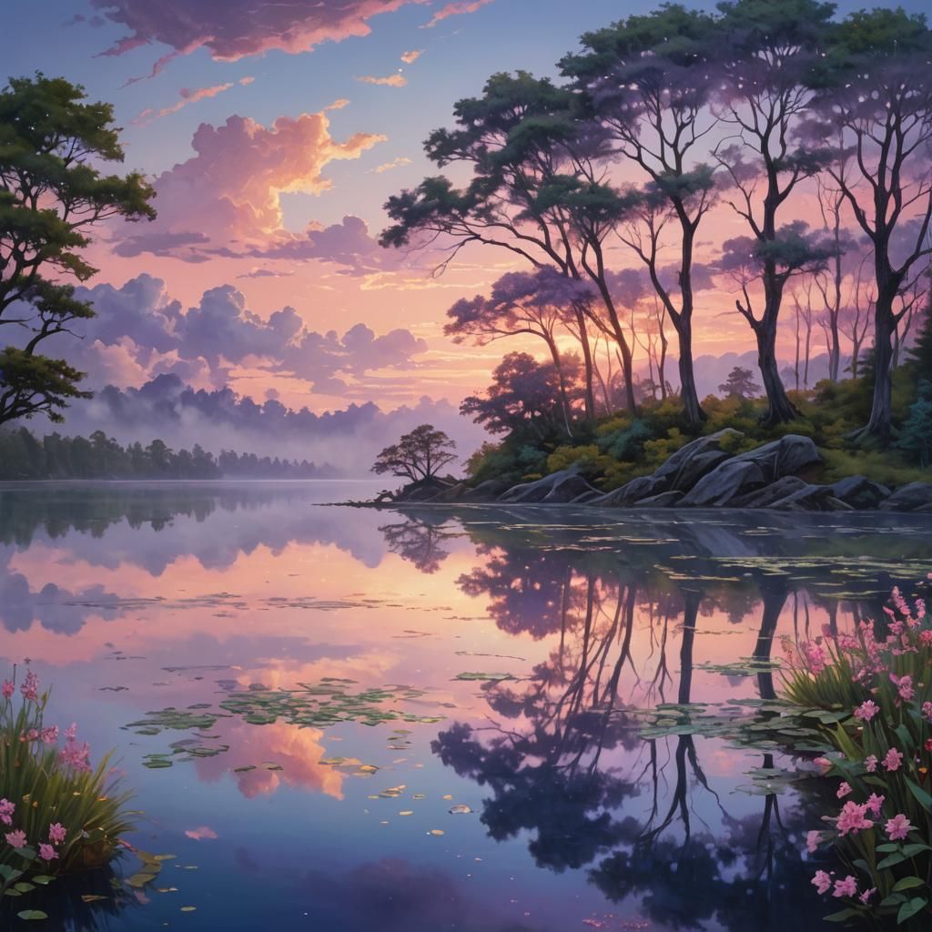 Enchanted Dawn Over Emerald Lake: A Surreal Landscape