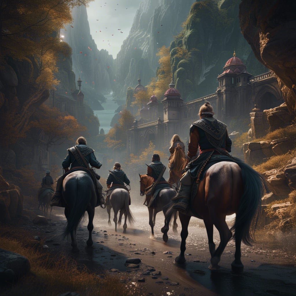 People Riding Horses in a Fantasy Landscape