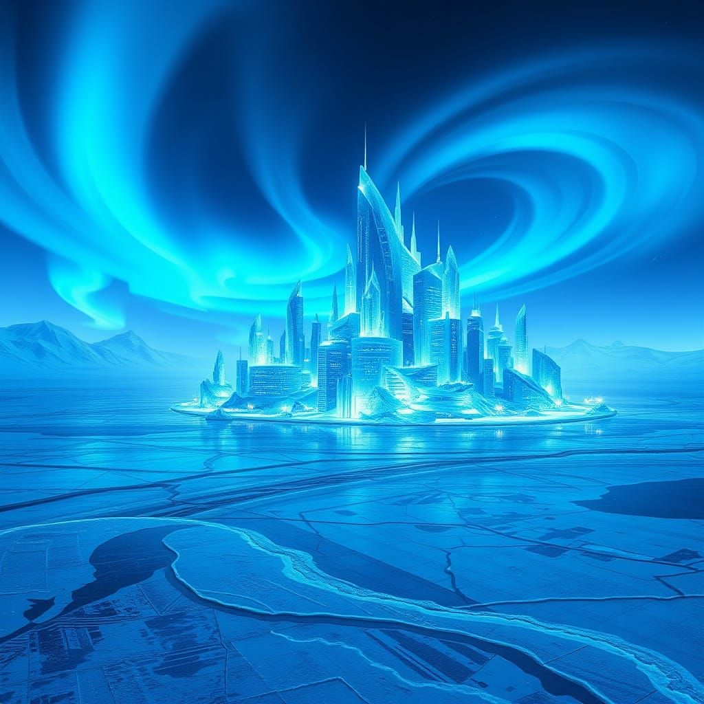 Futuristic Crystal City on Icy Tundra with Auroras