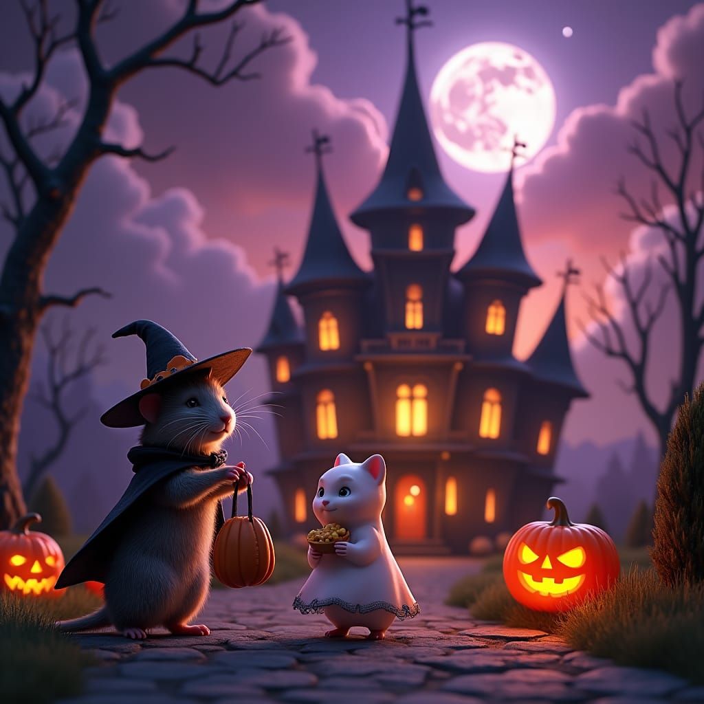 Halloween Hamster and Cat in Front of Haunted House