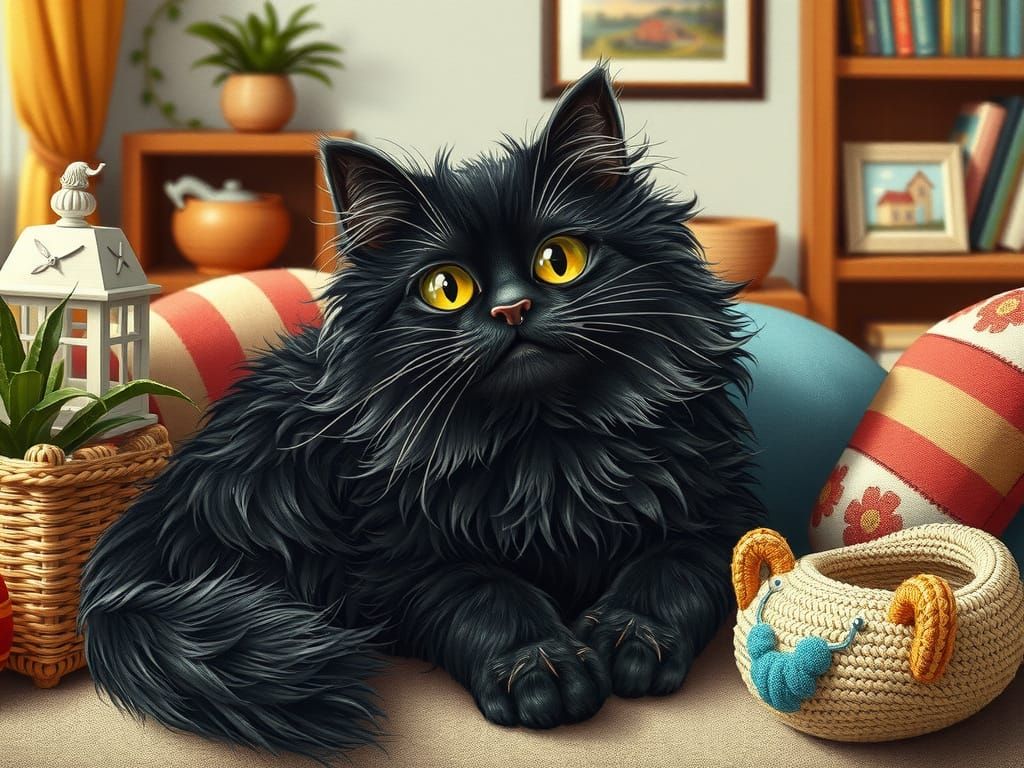 Stunning Embroidered Portrait of a Cozy Black Persian Cat