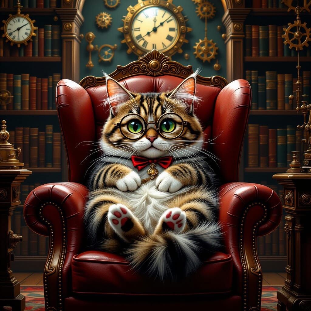 Steampunk Cat Librarian in Clockwork Library