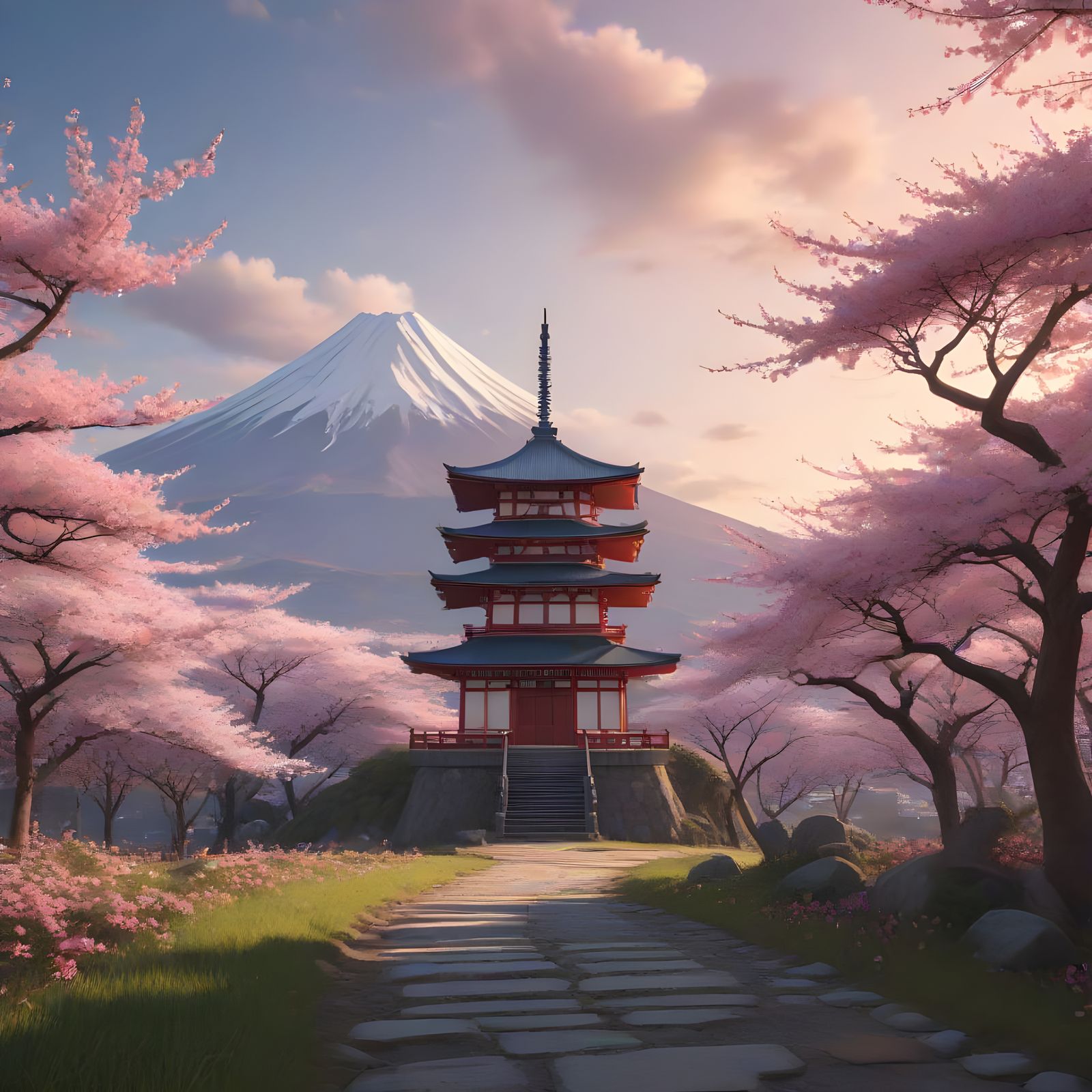 Majestic Japanese Pagoda with Cherry Blossoms and Mount Fuji