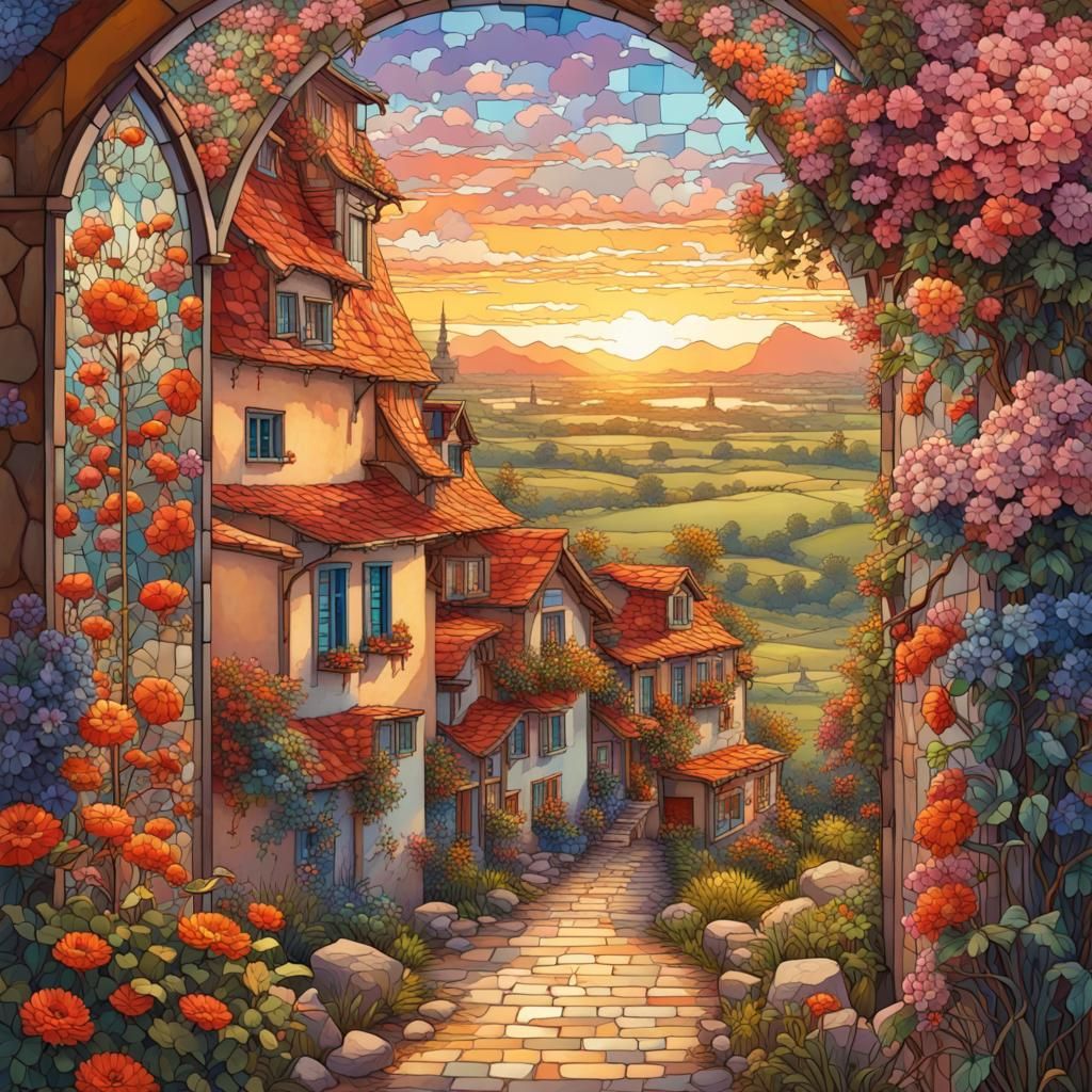 Bucolic Village Sunset: Stained Glass Digital Art