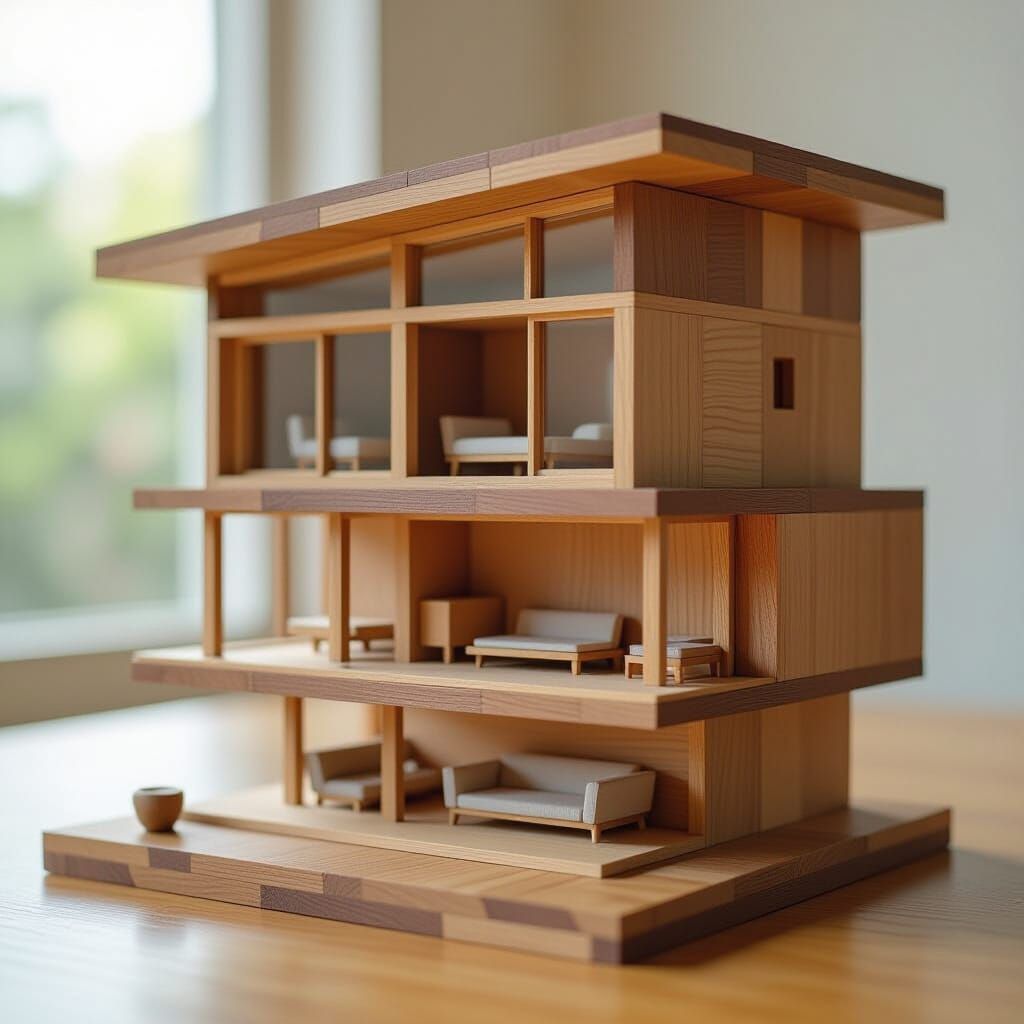 Detailed Mid-Century Modern Wooden Block Dollhouse