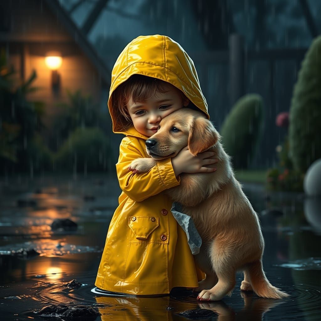Girl and Dog Embrace in Rainy Garden: Concept Art