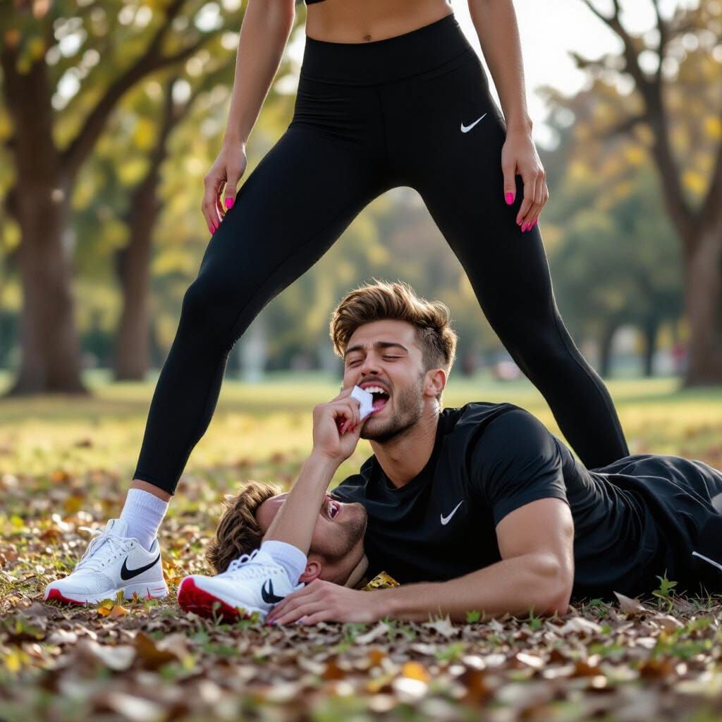Athletic Woman Triumphs Over Man in Park Photo