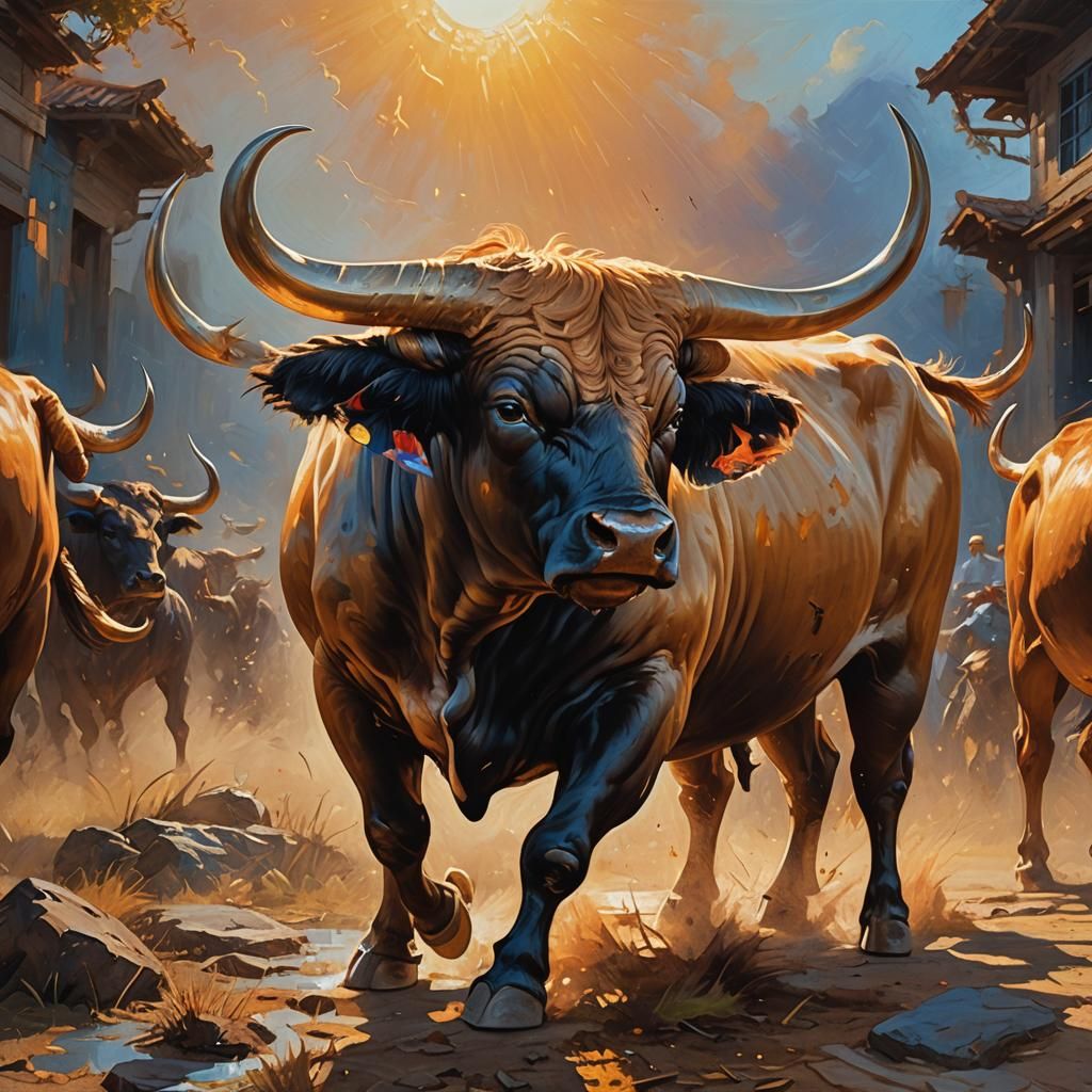 Brave Bull Lifting People: Hyperrealistic Oil Painting
