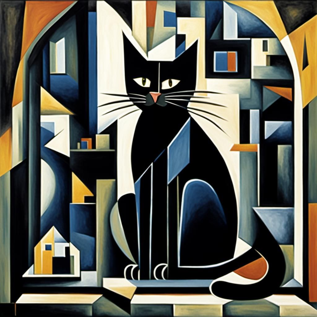 Cubist Black Cat on Windowsill in Matte Painting Style