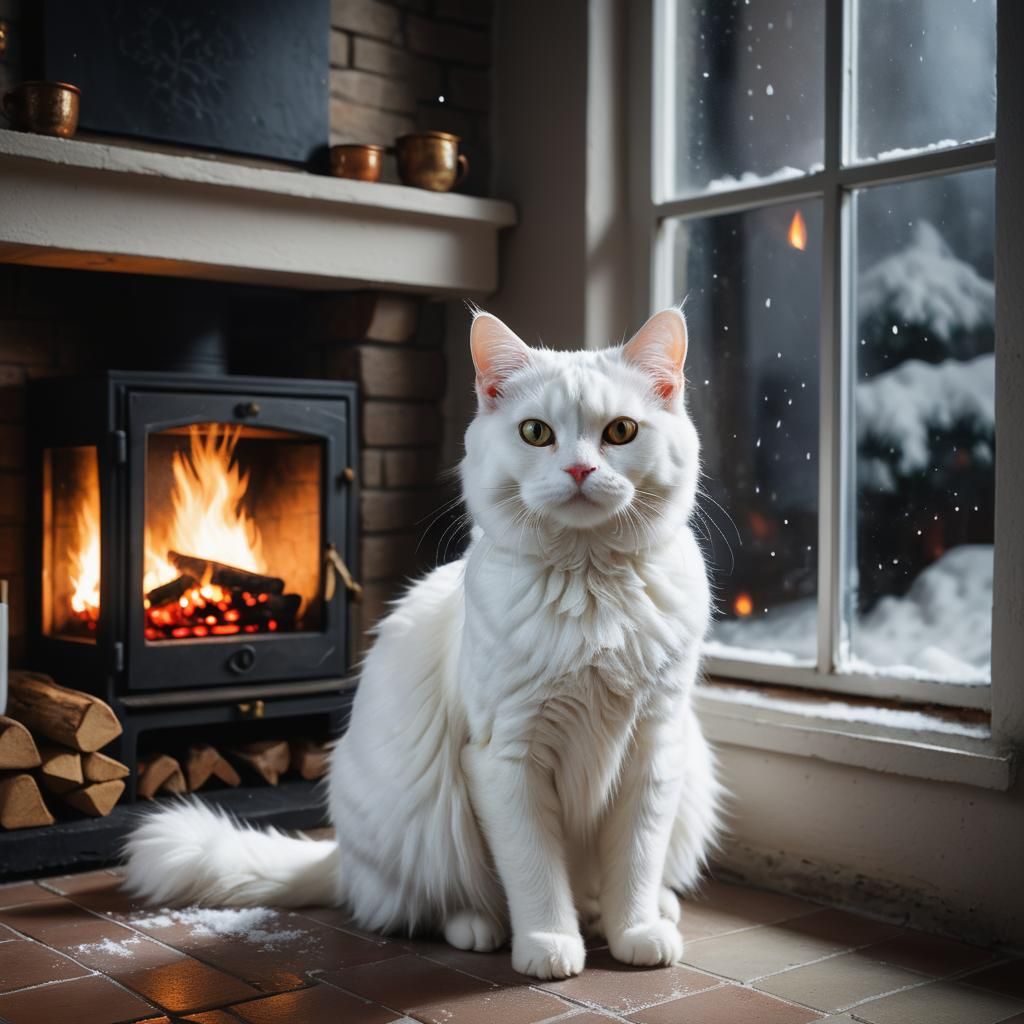 Furry White Cat Watching Snowfall Indoors