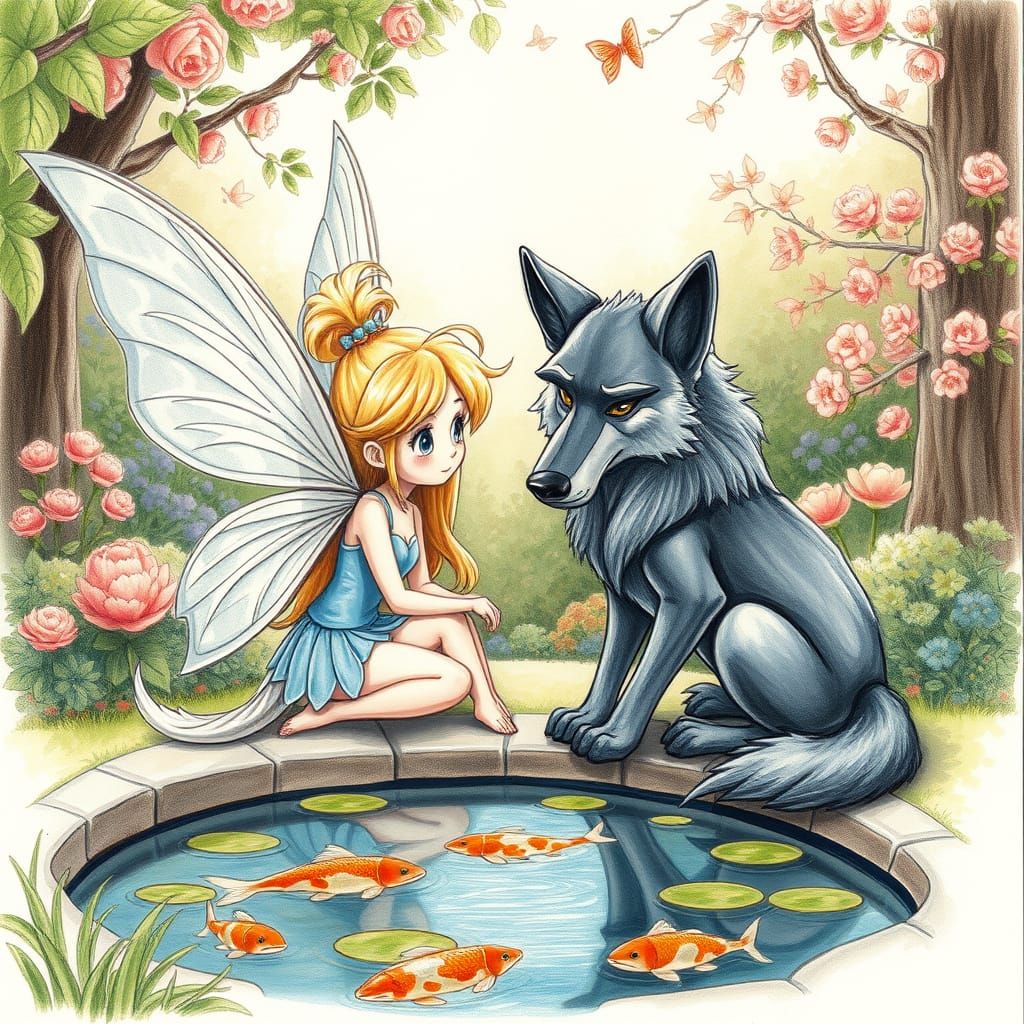 Fairy and Wolf in Garden: Color Pencil Sketch