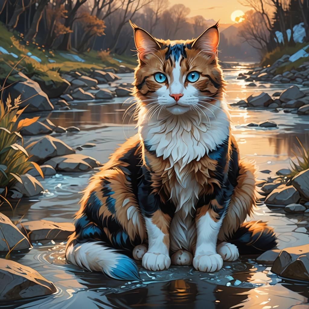 Calico Cat by River: Alphonse Mucha-Inspired Art