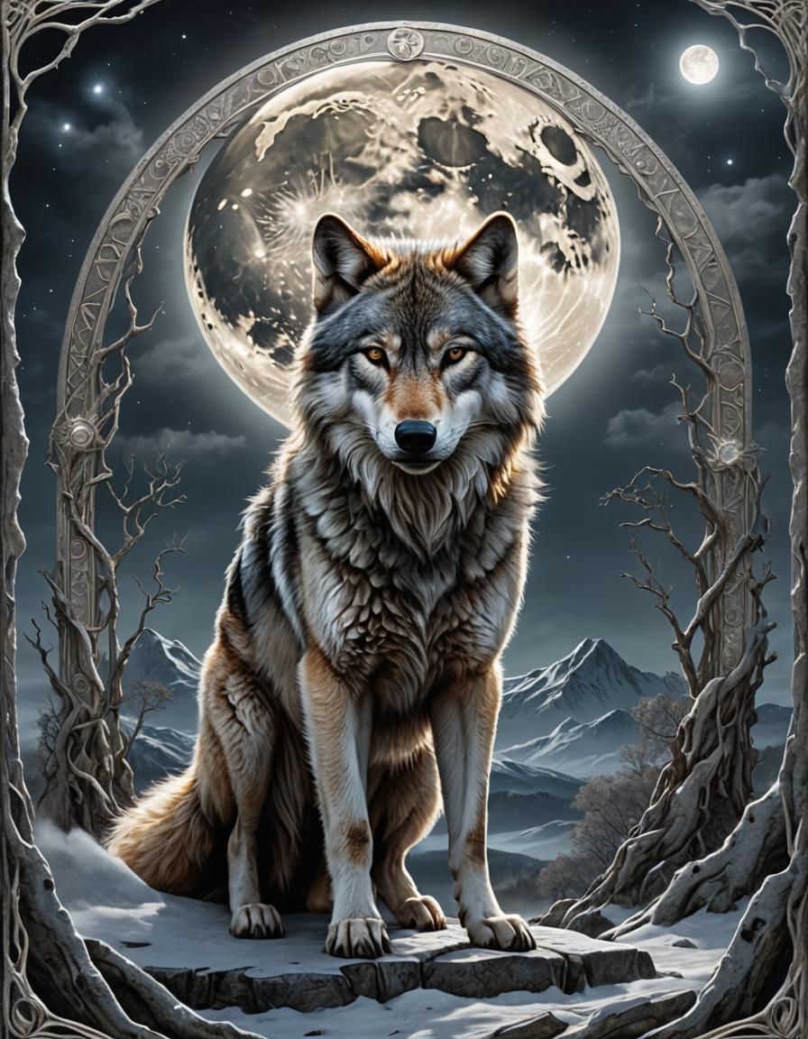 Wolf Howling at Moon in Fantasy Tarot Card