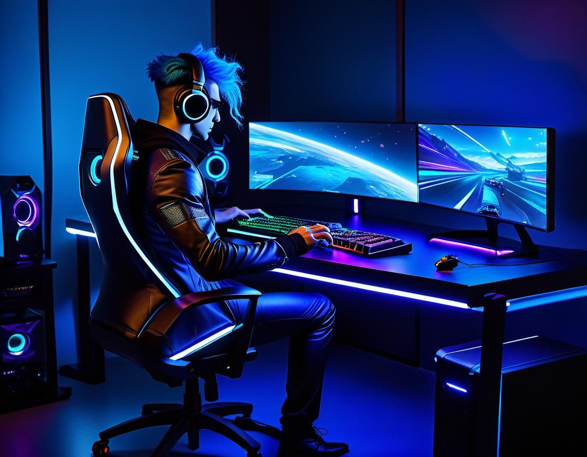 Futuristic Gaming Setup in Hyperrealistic Cyberpunk Style