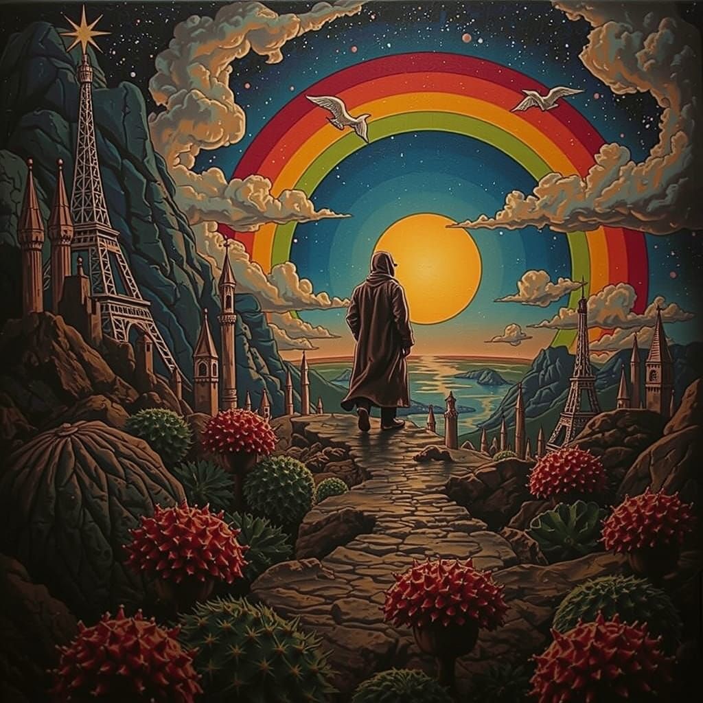 Neon Cityscape with Cosmic Patterns in Vivid Triadic Colors