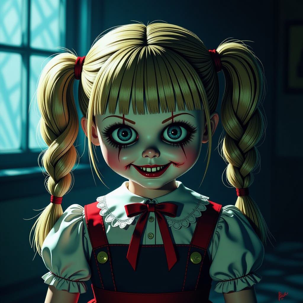 Creepy Annabelle Doll with Blonde Pigtails and Scary Eyes
