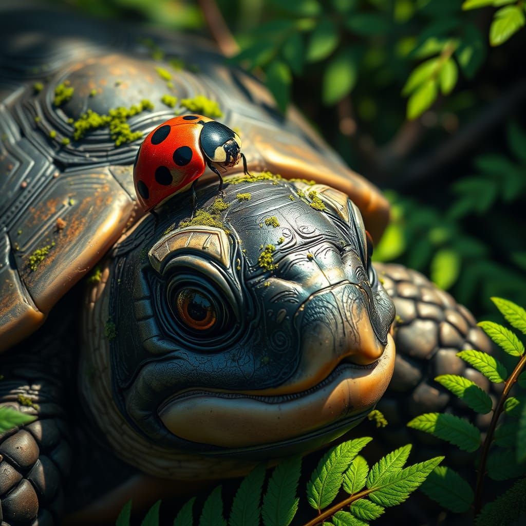 A painting depicting a vibrant ladybug crawling delicately a...