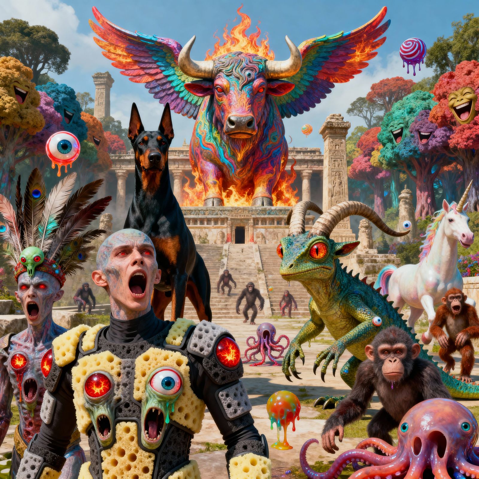 Bizarre Psychedelic Scene with Feathered Humanoids and Flami...