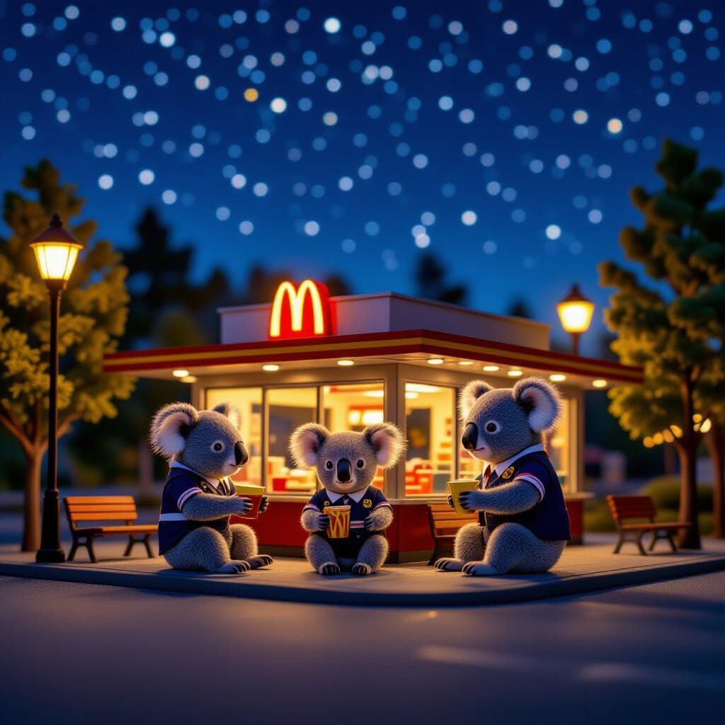 Koalas Run a McDonald's at Night: Photorealistic Miniature W...