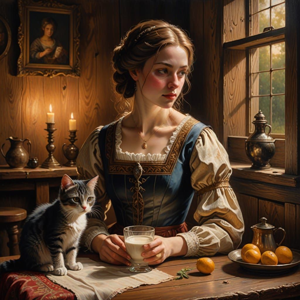 Woman in Renaissance Dress with Kitten in Warm Lighting