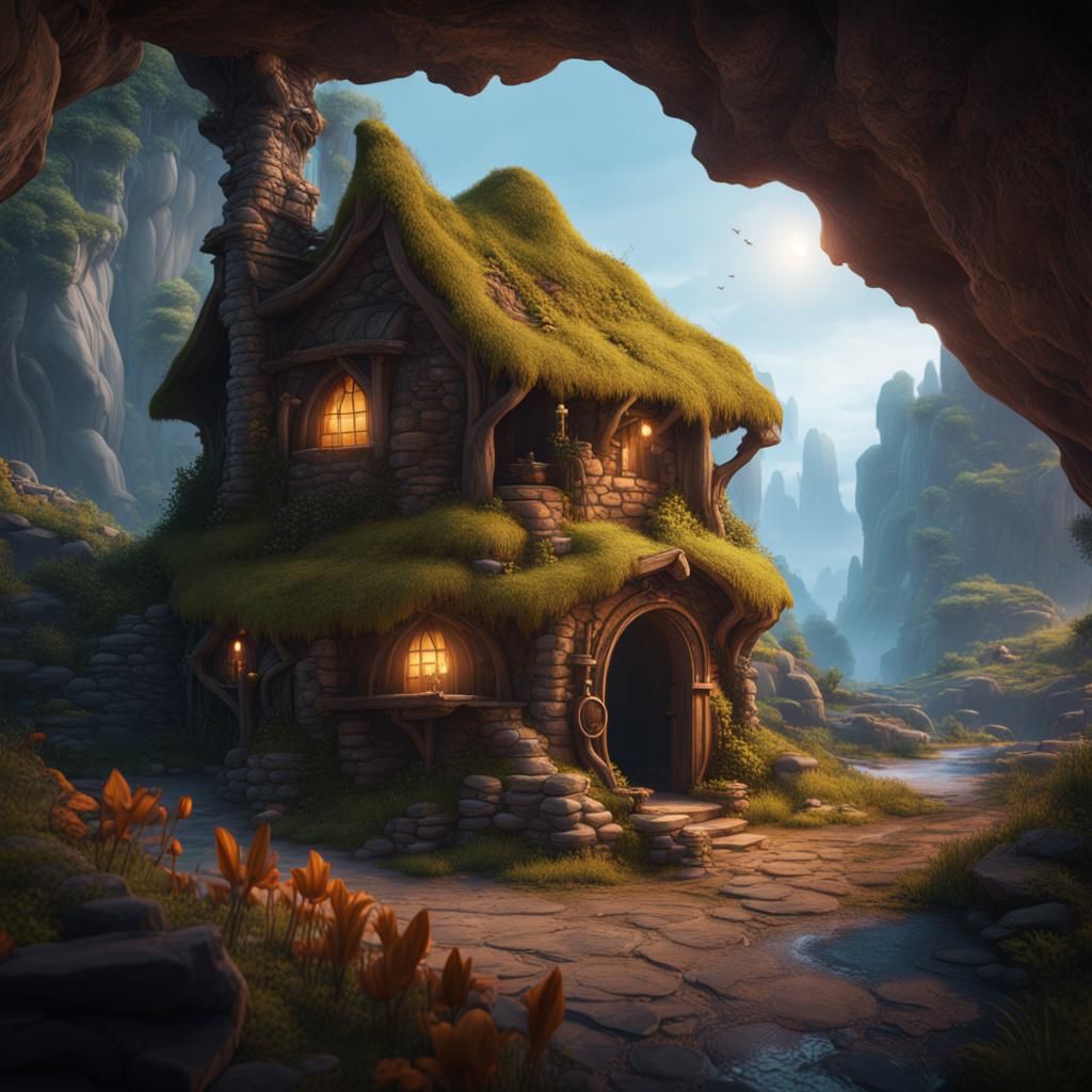Cozy Cave Home: Detailed Fantasy Concept Art