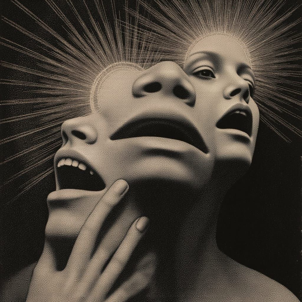 Surreal Collagraph Art With Sealed Mouths and Halos