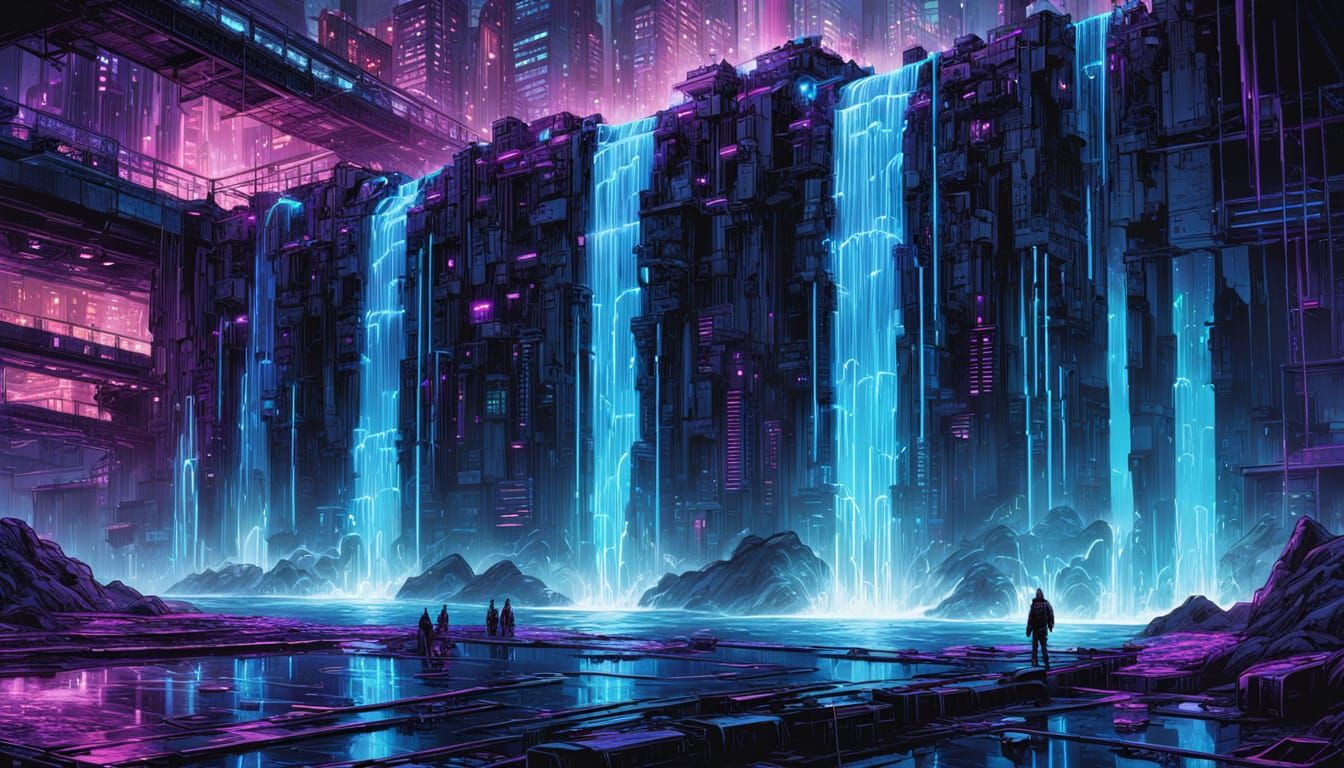 Electric-Blue Waterfall Over Servers in Cyberpunk Style