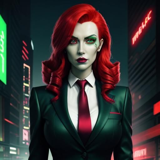 Cyberpunk Businesswoman with Red Hair and Metal Face
