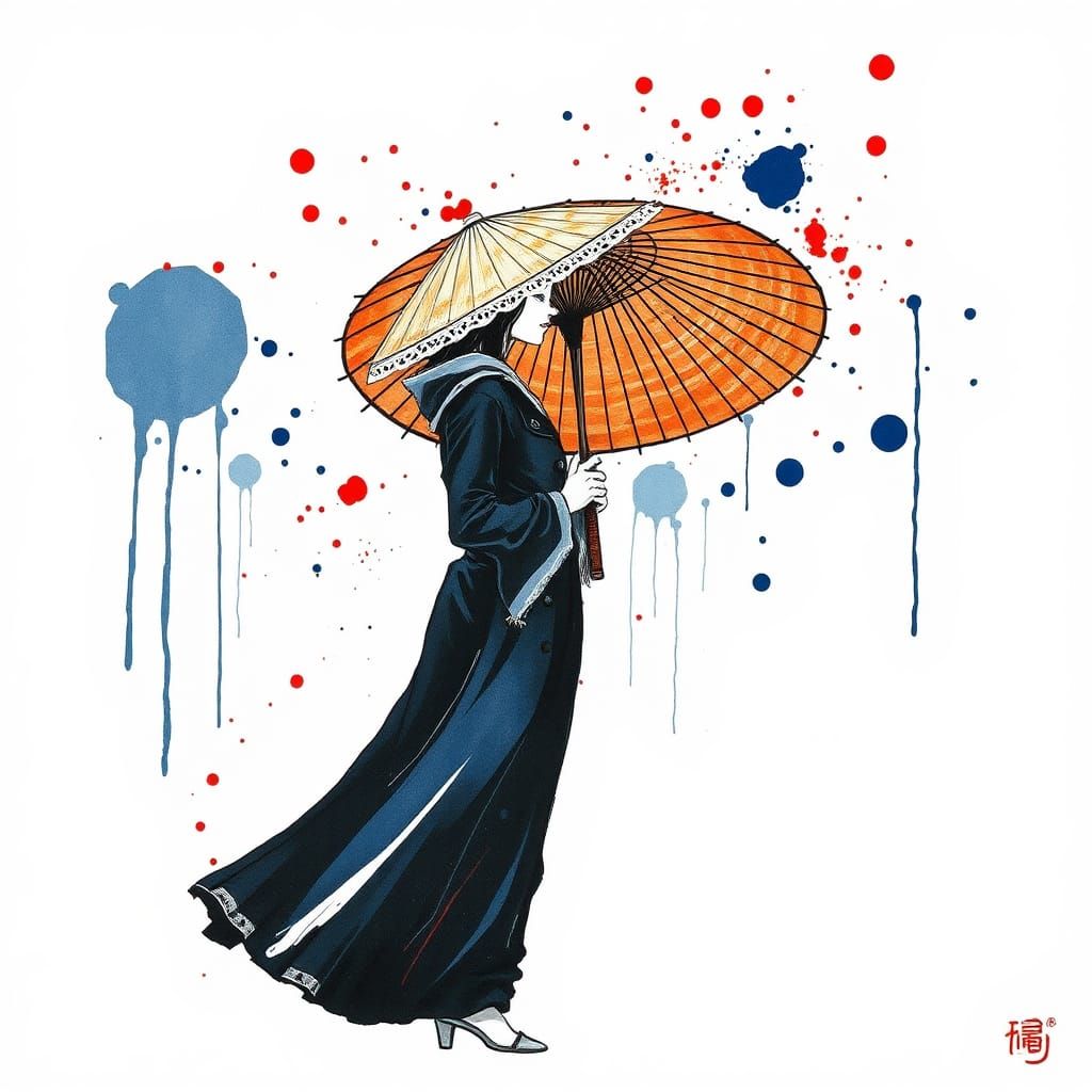 Woman with Umbrella in Negative Space Ink Art