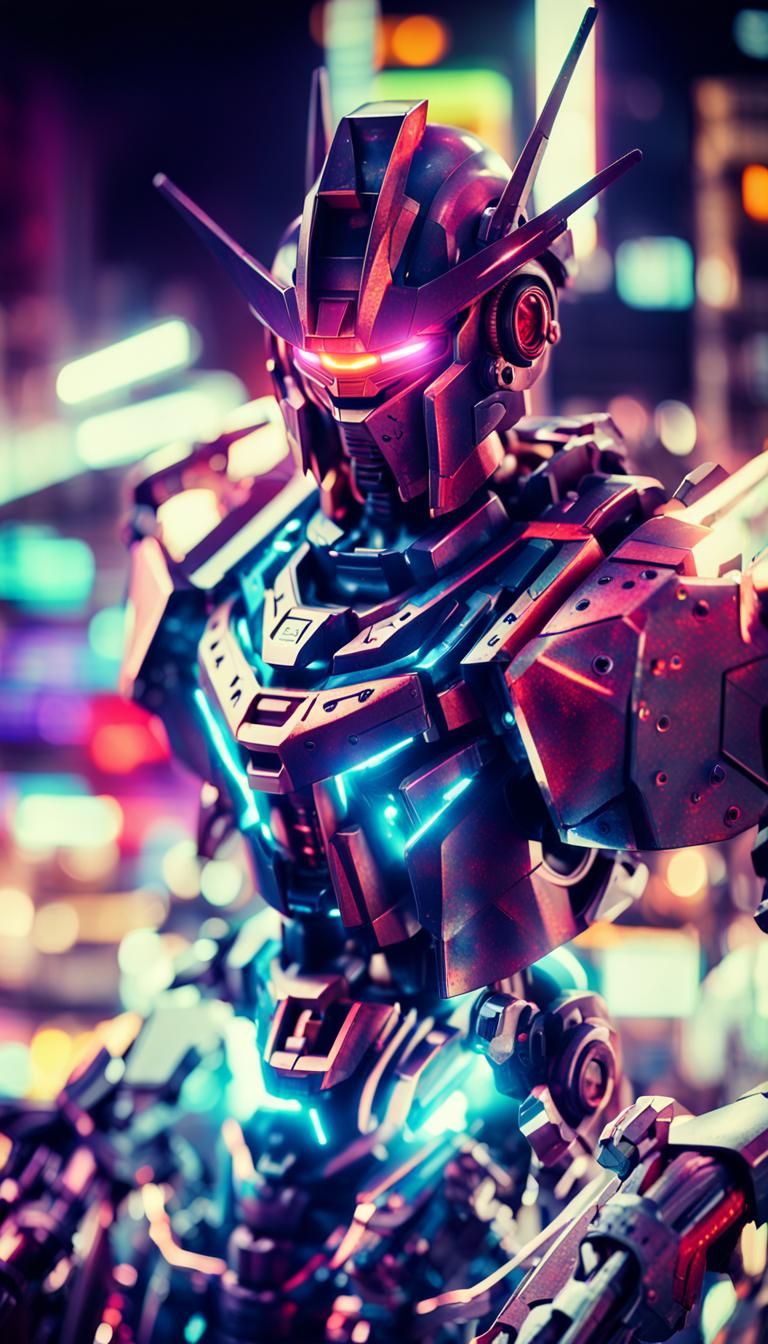 Anime Robot in Dark Cityscape: Digital Art