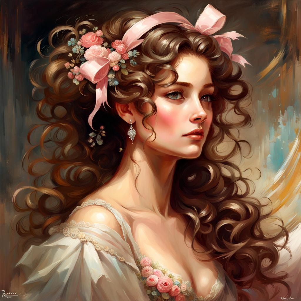 Attractive Woman with Curly Brown Hair as Oil Painting