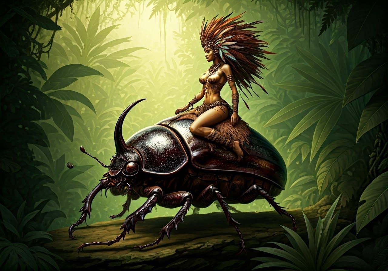 Savage Jungle Goddess Rides Ancient Beetle in Earthy Splendo...
