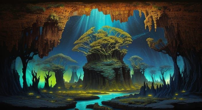 Alien Landscape Art with Luminous Flora