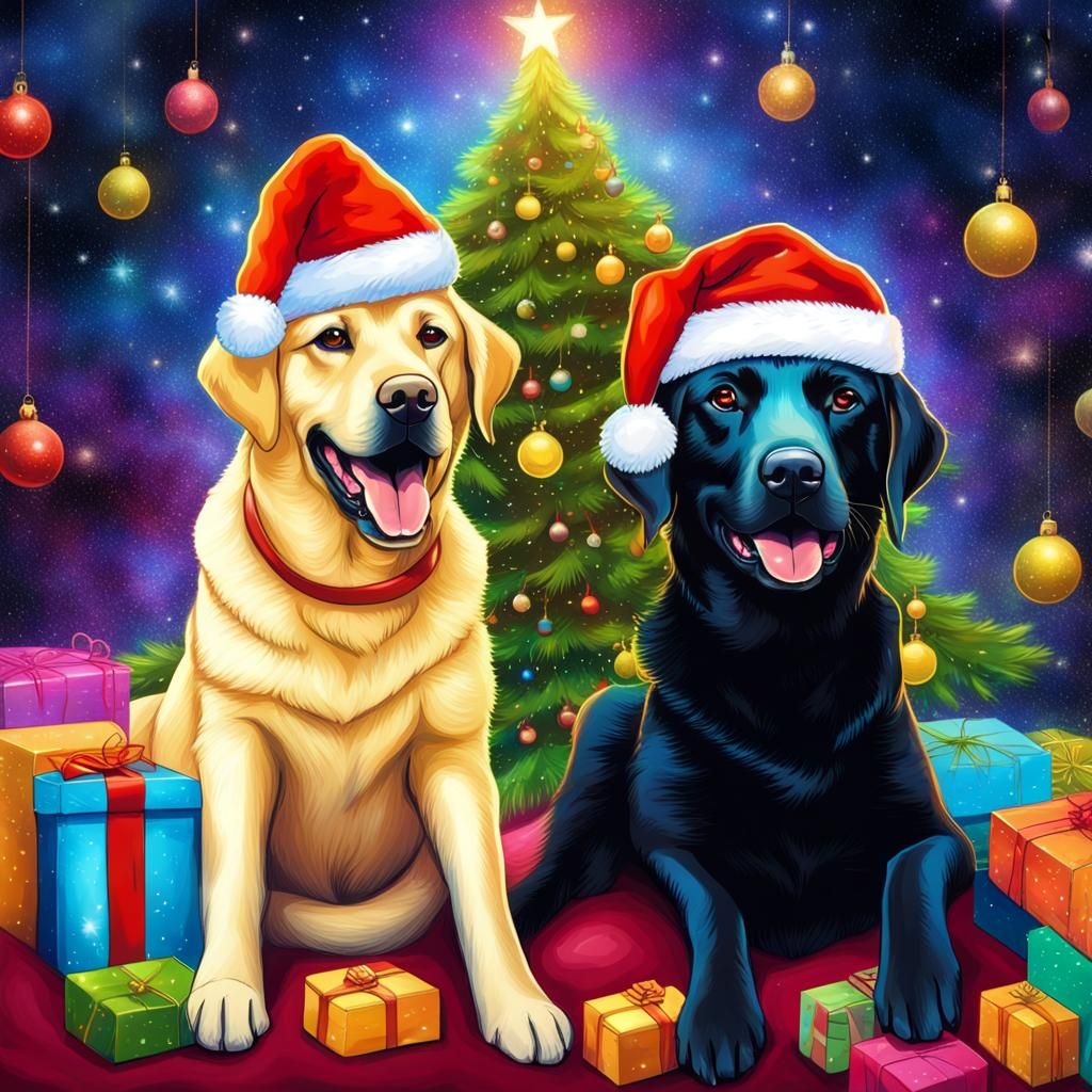 Labradors Celebrate Christmas: A Cosmic Illustration