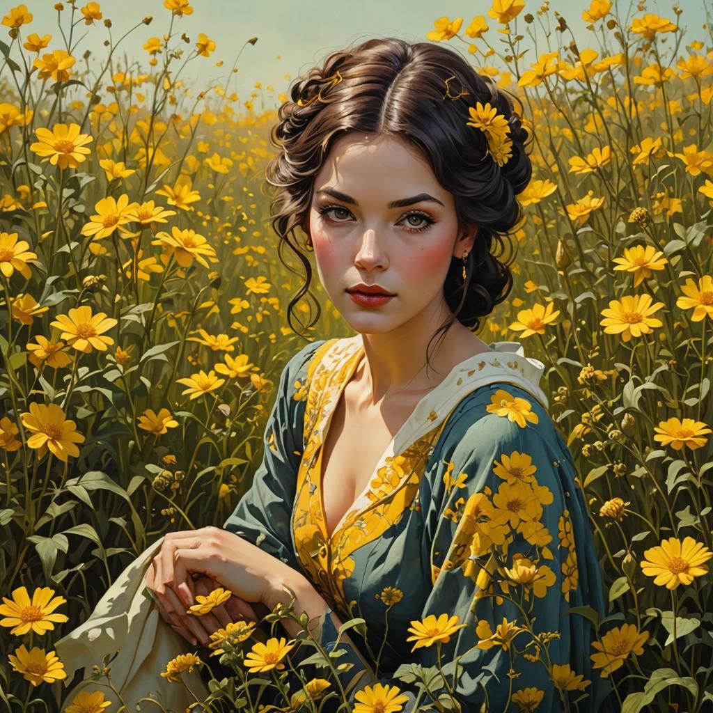 Brunette in Yellow Flowers, Vintage Pin-Up Style