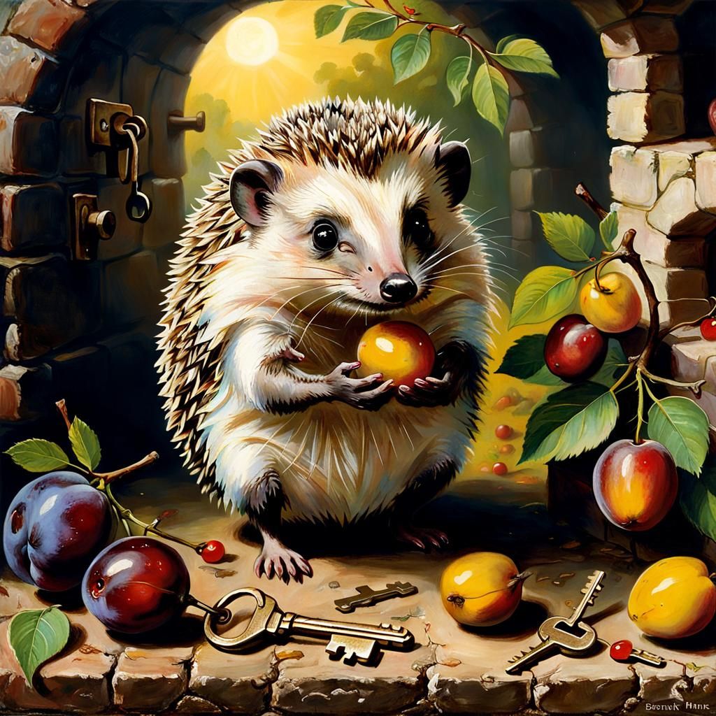 Hedgehog with Keys and Plums: Surreal Still Life