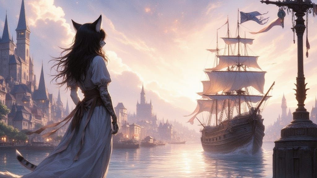 Catgirl Overlooks Fantasy Harbor in Anime Watercolor