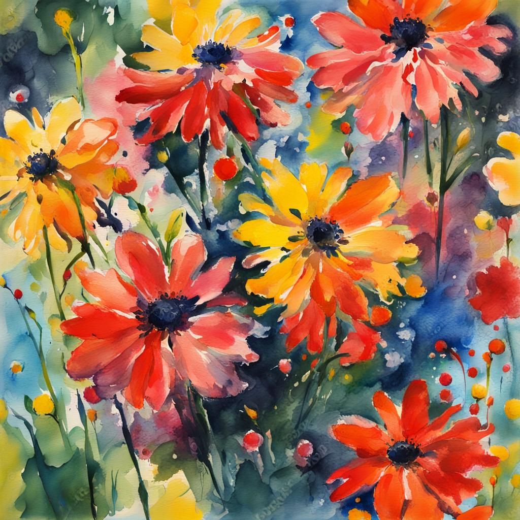 Ink Spattered Flowers in Gouache Watercolor Style