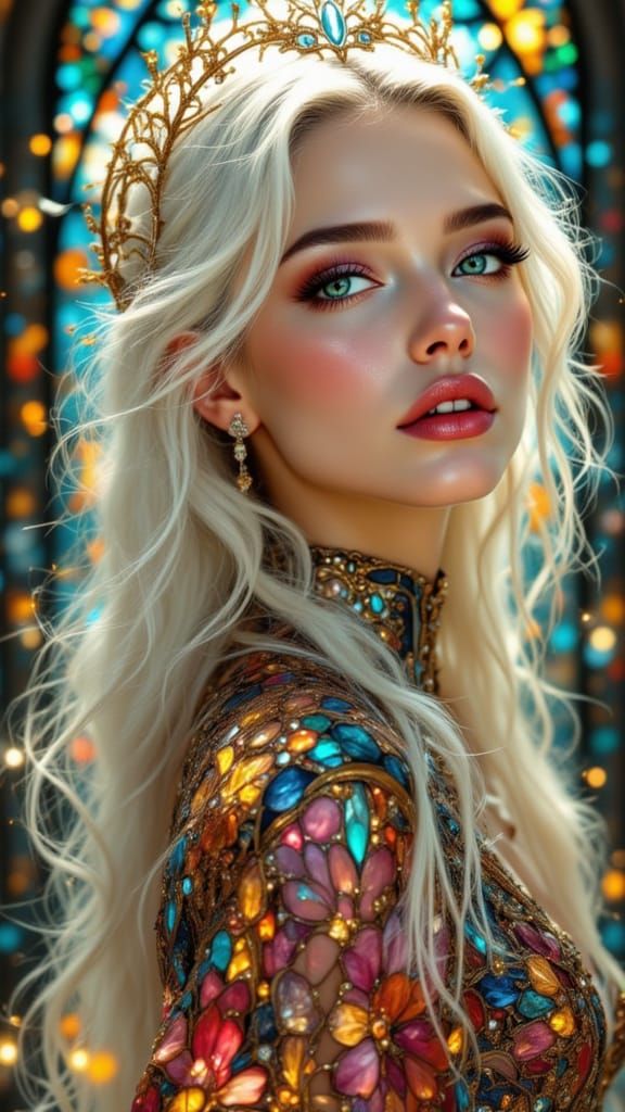 Pre-Raphaelite Woman in Stained Glass Dress