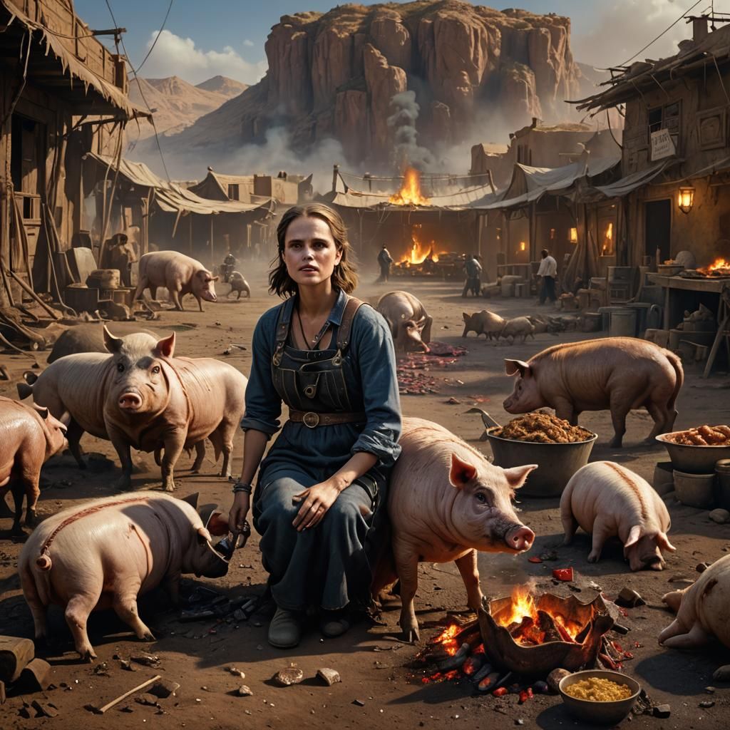 Hillbilly Weeping Over Pig: Detailed Matte Painting