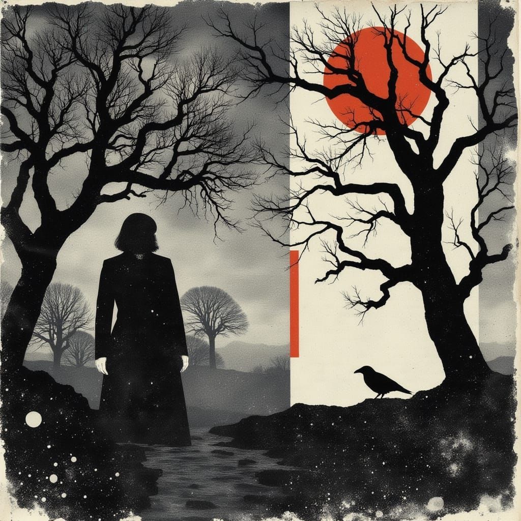 Eerie Forest Scene in Postpunk Style
