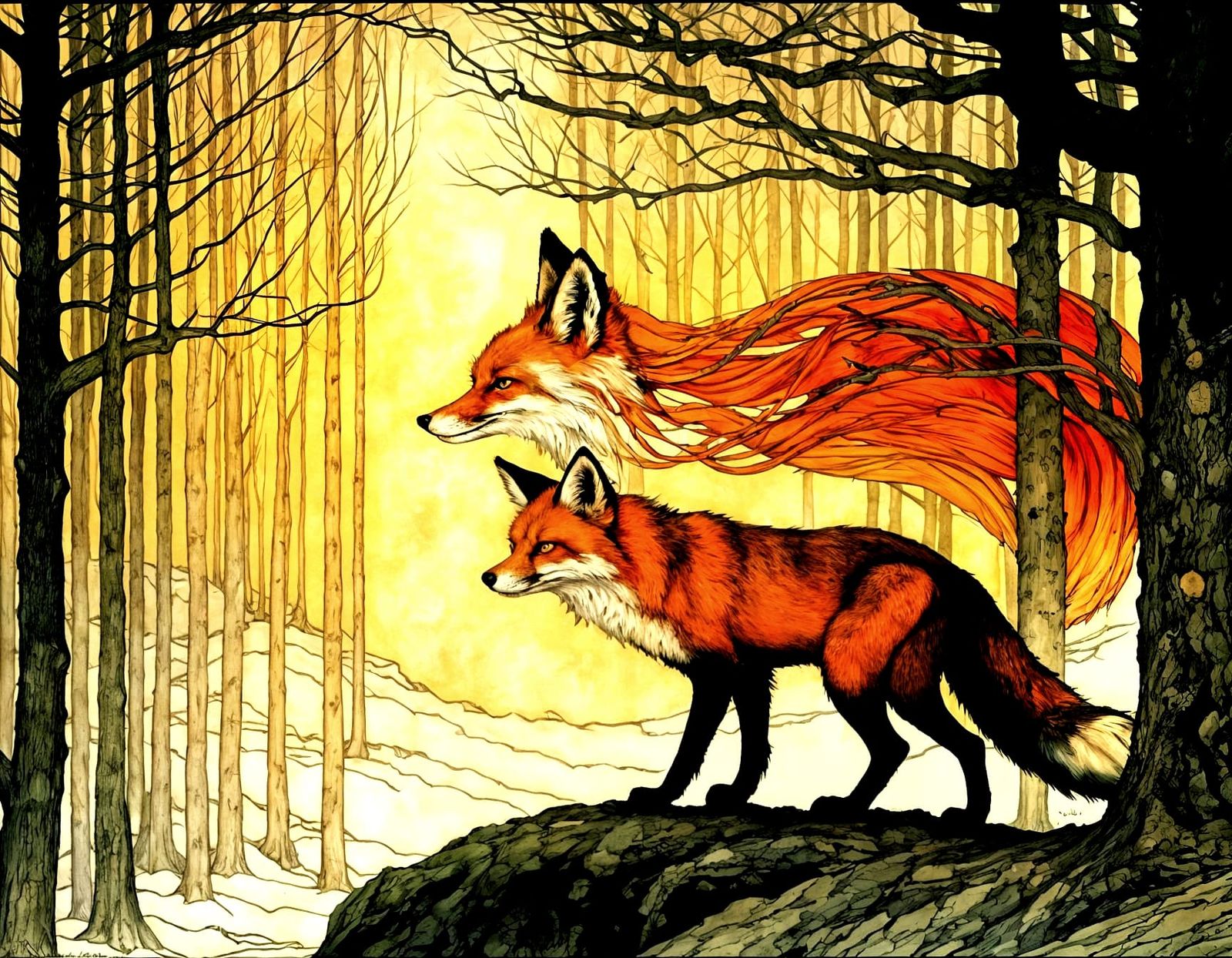 Fantasy Fox in Enchanted Forest, Golden Age Illustration