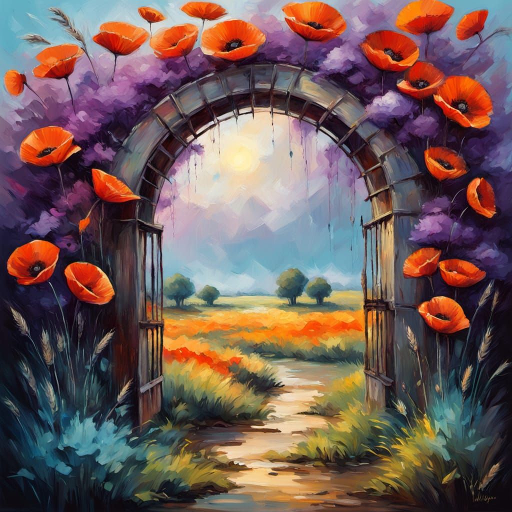 Poppy Flowers Bloom in Impressionist Cypress Garden